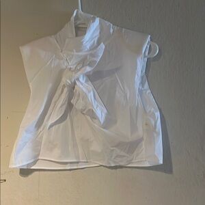 Zara White Sleeveless Tie Front Blouse with Mandarin Collar